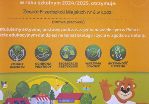 Certyfikat za udział w XVII edycji ogólnopolskiego programu edukacyjnego "Kubusiowi Przyjaciele Natury".