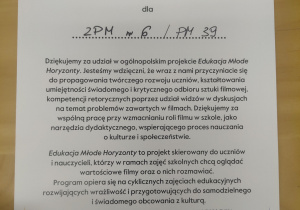 Zdjęcie zaświadczenia o udziale w projekcie" Edukacja Młode Horyzonty"