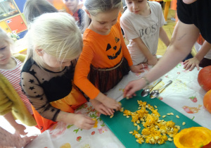 Dzieci dotykaja pestek dyni.