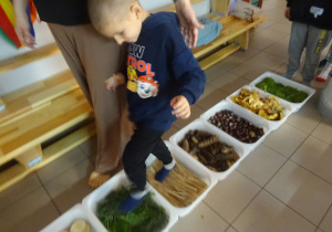 Chłopiec idzie drogą zbudowaną z róznych materiałów.