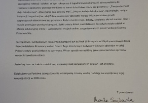 Podziękowania w formie listu.