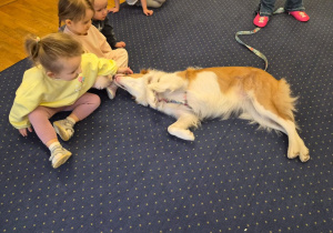 Dziewczynki głaszczą psa.