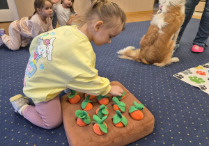 Dziewczynka wkłada przysmak dla psa pod pluszową marchewką.