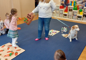 Dziewczynka wkłada pluszowe marchewki.