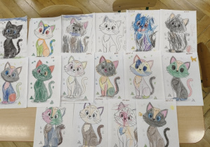 Prace plastyczne dzieci przedstawiające koty.