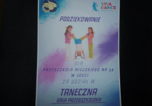 Podziękowania za udział w Tanecznej Gali Przedszkolaka