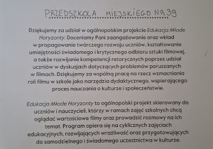 Zaświadczenie o przystąpieniu do udziału w projekcie Edukacja Młode Horyzonty.