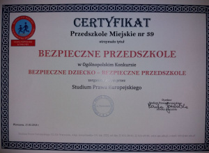 Certyfikat - "Bezpieczne Przedszkole"
