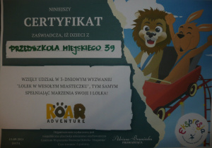 Wyzwanie Kreatywnej Gimnastyki LWA LEONA - Certyfikat dla przedszkola