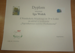 dyplom udziału w konkursie "Najciekawsza ozdoba Wielkanocna"