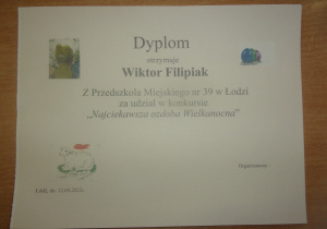 dyplom udziału w konkursie "Najciekawsza ozdoba Wielkanocna"