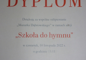 dyplom "Szkoła do hymnu"