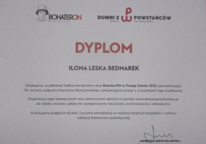 dyplom za koordynowanie akcju BohaterON 2022