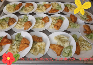 filecik w panierce, ziemniaczki, mizeria
