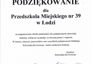 podziękowanie za zorganizowanie zbiórki dla podopiecznych schroniska