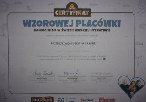 Certyfikat "Mały Miś w Świecie Wielkiej Literatury"