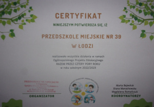 Certyfikat "Razem przez Cztery Pory Roku"