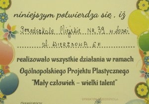 Certyfikat "Mały człowiek - wielki talent"