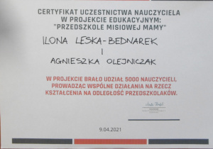 certyfikat "Prezdszkole Misiowej Mamy"