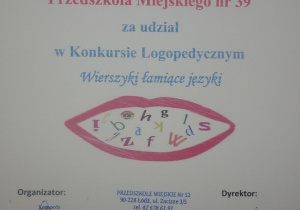 podziękowanie za udział w konkursie "Wierszyki łąmiące języki"