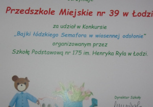 podziękowanie za udział w konkursie "Bajki łódzkiego Semafora w wiosennej odsłonie"
