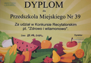 dyplom za udział w konkursie "Zdrowo i witaminowo"